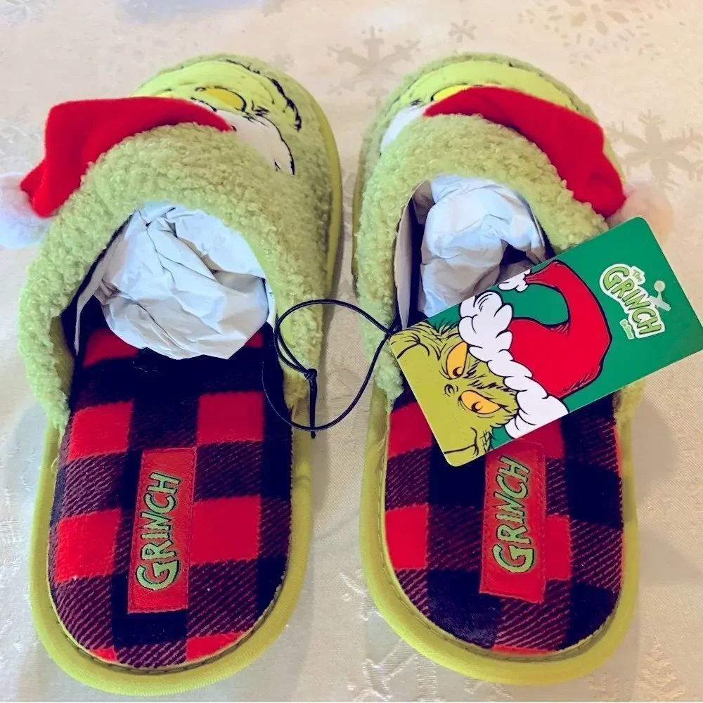 NWT Grinch Christmas Slippers with Santa Hat Big Girls Youth Sz 2/3 Gorgeous